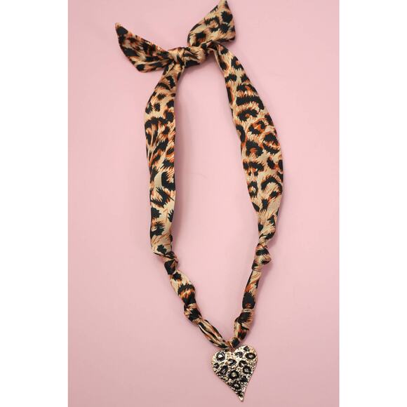 Leopard Knotted Scarf Necklace with Leopard Heart Charm - Picture 1 of 6